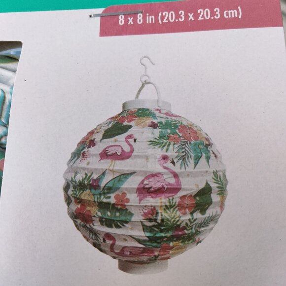 LED Paper Lantern Flamingo Tropical 8x8 In Tropical Tiki Beach Patio Pool Party - Picture 5 of 5